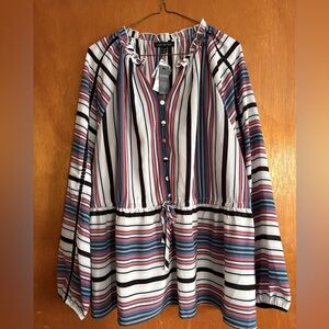 Lane Bryant Striped Button-Front Peasant Tunic - Blue, Pink, Black, White